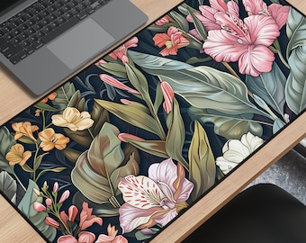 Floral Jungle Art nouveau Desk Mat, tropical greenery rainforest flower mouse pad, leafy nature inspired garden mat, Hawaiian office decor