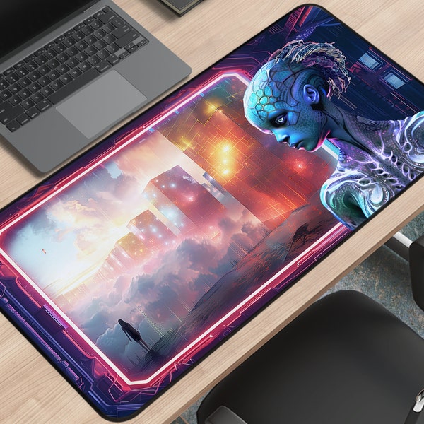 futuristic cityscape alien woman keyboard mat, vaporwave cosmos skyline desk pad, window view of futuristic urban planet gaming mat