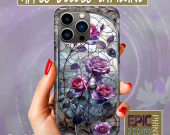 11 Stained Glass  Pink Roses Phone Case Enchanted Rose Blossom Phone Cover Medieval Stained Glass Tough Case Pink Art Deco Flower case
