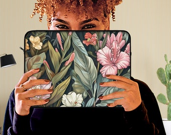 Floral Jungle Art nouveau laptop sleeve, tropical greenery rainforest flower tablet bag,nature inspired garden pc bag, Hawaiian mac tote.