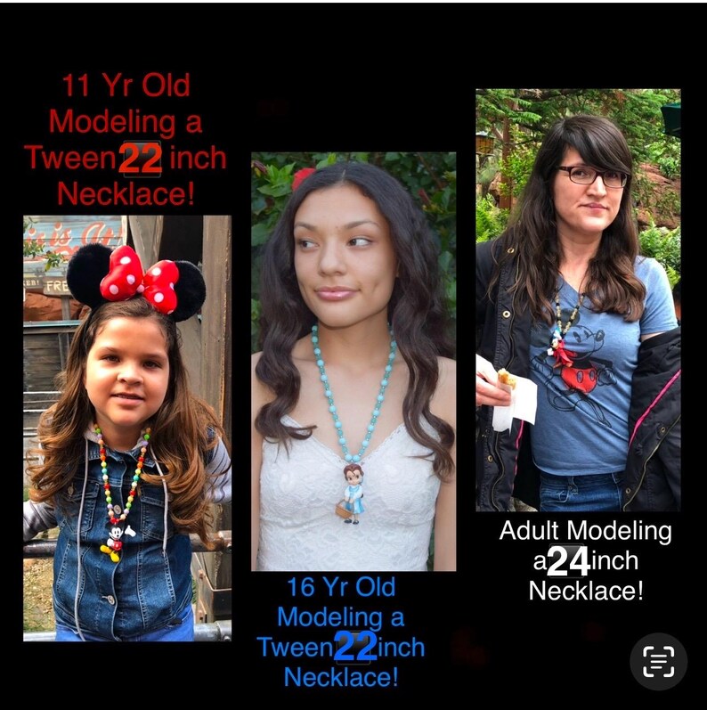 Puede incluir: Tres personas modelando collares de diferentes longitudes. Los collares tienen cuentas y colgantes coloridos. El texto de la imagen dice: "&iexcl;11 a&ntilde;os Modelando un Collar de 56 cm!", "&iexcl;16 a&ntilde;os Modelando un Collar de 56 cm!" y "&iexcl;Adulto Modelando un Collar de 61 cm!"