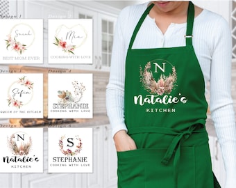 Personalized Initial Apron for Woman, Custom Floral Letter Apron, Kitchen Gift For Mom, Cooking Gift For Grandma, Customized Wife Apron 1019