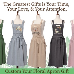 Custom Floral Vintage Apron, Personalized Linen Cotton Dress Apron, Custom Name Pinafore, Country Style Cross back Apron 1026