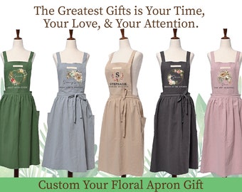 Custom Floral Vintage Apron, Personalized Linen Cotton Dress Apron, Custom Name Pinafore, Country Style Cross back Apron 1026