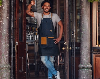Denim Jean Apron, Leather Straps Jean Apron, Gift for Dad, Gift for him, Birthday Gift, Bartender Apron, Barista Apron, Grill BBQ apron