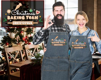 Xmas Denim Apron, Christmas Baking Team Apron, Christmas Gift Apron, Personalized Jean Apron Gift Denim Apron Xmas Gift Kitchen Gift Idea