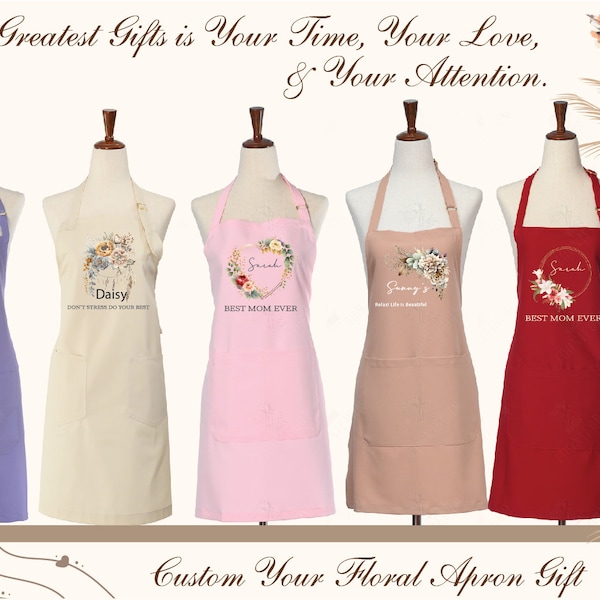 CUSTOM APRONS WOMEN, Monogram Apron, Aprons For Mom, Personalized Floral Quote Or Initial Printed Kitchen Apron For Her 1019