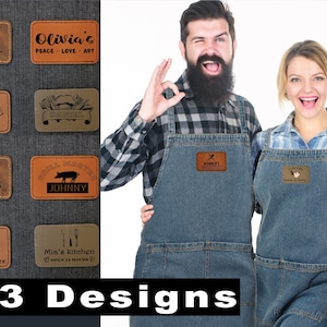 May include: A collection of 33 personalized leather patches for denim aprons. The patches feature various designs, including a bear in the woods, a pig, a chef's hat, a cupcake, and a pig with the text "Grill Master Johnny".