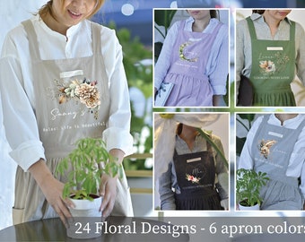 Personalized Floral Dress Apron, Custom Linen Cotton Apron, Custom Name Pinafore, Mom Kitchen Gift, Water Repellent Cross back Apron 1026