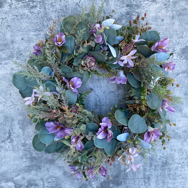 Spring seasonal front door wreath,  faux purple floral year round wall decor