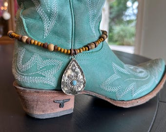 Turquoise Teardrop Concho Boot Bracelet, Wood Bead Western Bootlet, Cowgirl Boot Jewelry, Southwestern Boot Charm