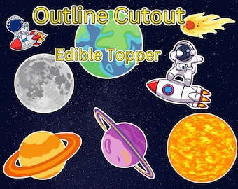 Cute Space Adventure Outline Precut Edible Topper