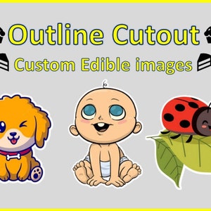 May include: Three cartoon images for edible cake toppers: a yellow dog with a bone, a baby with blue eyes, and a ladybug on a green leaf.