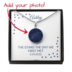 Carte des étoiles Le jour de notre rencontre, collier rond, bijoux personnalisés, idée cadeau personnalisée pour petite amie, femme, cadeau d'anniversaire