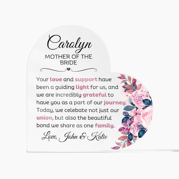 Personalized Mother of the Bride Acrylic Heart Plaque Gift from Bride and Groom on Day of Wedding Custom Name Keepsake Gift Wedding Gift