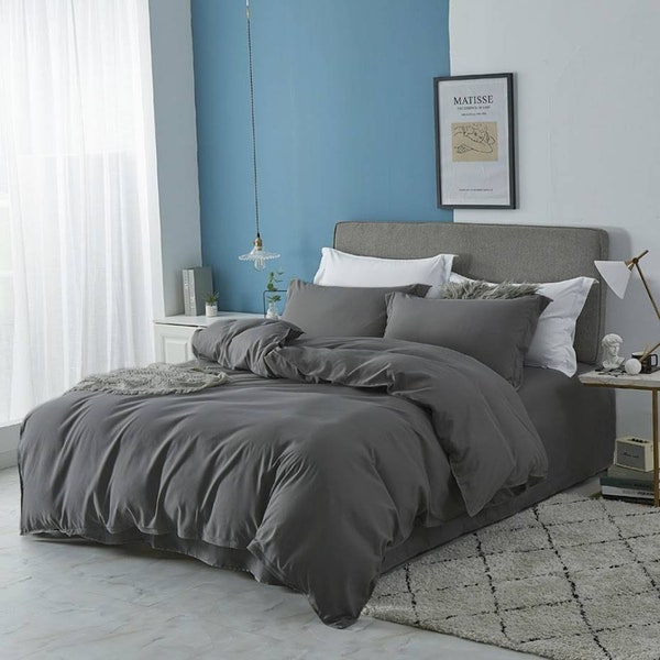 Solid Colour Duvet Cover Set with Matching Pillowcases in White/Grey/Charcoal