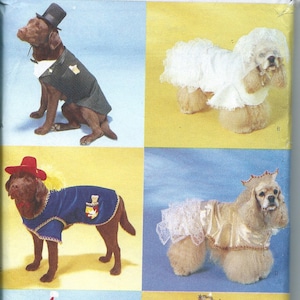 May include: A vintage Butterick sewing pattern featuring dogs in various costumes. The dogs are dressed in outfits such as a tuxedo, a wedding dress, a cowboy outfit, a princess dress, a Santa suit, and an angel costume. The pattern number is 6666.
