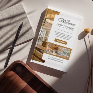 Könnte beinhalten: Willkommen in unserem Haus-Broschüre mit Bildern eines modernen Hausinneren. Die Broschüre enthält Informationen über das Haus, wichtige Funktionen zum Erkunden und einen Jetzt buchen-Button. Die Website-Adresse lautet www.reallygreatsite.com und die E-Mail-Adresse lautet hello@reallygreatsite.com.