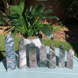 Druzy Moss Agate Towers with Red, Pink and Blue Colorful Moss
