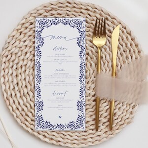 White & Dark Blue Mexican Talavera Inspired Bridal Menu, Editable Floral Talavera Bridal Shower Brunch Menu, Editable Bridal Menu, BWBS01