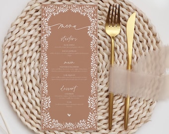 Menú nupcial inspirado en Talavera blanca mexicana de Barro, menú editable para brunch de despedida de soltera con Talavera floral, menú nupcial editable, BST001