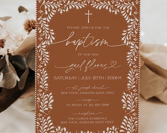 Terracotta Mexican White Talavera Inspired Baptism Invitation, Editable Template, Minimal Elegant Digital Invite, Canva, TCL001