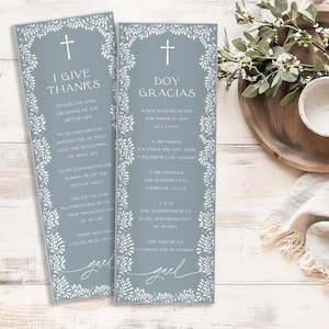 English & Spanish Dusty Blue Mexican White Talavera Inspired Baptism Prayer Card, Editable Template, Minimal Elegant Digital Cards, DBB001