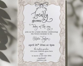 Tan Hand Drawn Whimsical Locally Grown Invitation, Boho Farmer's Market Baby Sprinkle, Editable Template, Home Grown, Neutral, Canva