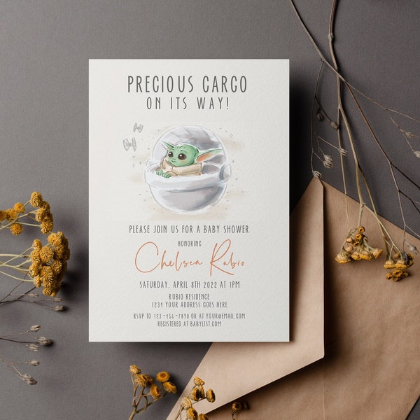 Precious Cargo Baby Shower Invitation, Baby Yoda/ Grogu Baby Shower Invite, Watercolor Invite, PC001