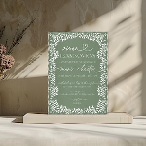 Sage Green Mexican White Talavera Inspired Wedding Invitation, Elegant Talavera Wedding, Editable Wedding Invite, Pre Boda Invitation, Canva