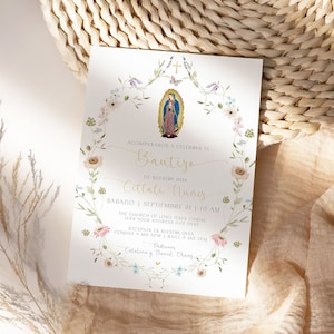 Convite de batismo de flores silvestres espanholas, convite de Bautizo Para Niña, convite em aquarela, convite de batizado e aniversário, Mi Bautizo Canva