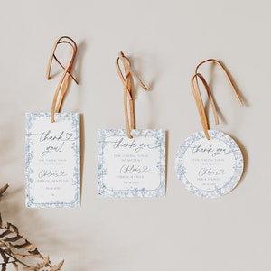 Etwas Blaues vor Brautdusche Favor Tags, bearbeitbare Vintage Blumendusche, französische blaue Toile Tags, blaue Chinoiserie, Canva SBB001