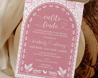 Pink Cielito Lindo Baby Shower Invitation Card, Editable Template, Elegant Digital Invite, Hermoso Cariño, Papel Picado, Canva PCL002