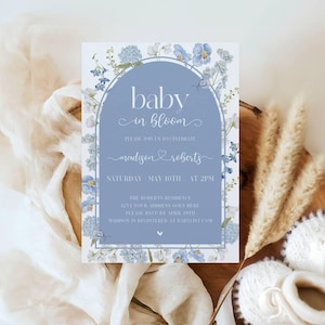 Blaues Baby in Bloom-Babyparty-Einladung, Frühlings-Babyparty, Blumen, Wildblumen, Baby-Dusche-Digitale Einladung, Canva,standbb001