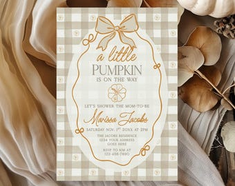Plaid A Little Pumpkin Fall Invitation: Gender Neutral, Coquette, Canva (Digital)