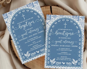 Tarjeta de invitación de bautismo azul Cielito Lindo español e inglés, plantilla editable, digital, Hermoso Cariño, Papel Picado, Canva