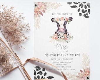Moos 1st Birthday Invitation, Floral Cow Print Invitation, Cow Themed Party Printable Invitation Template, Holy Cow Birthday Invite Template