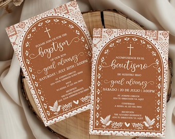 Tarjeta de invitación de bautismo de Cielito Lindo de terracota en español e inglés, plantilla editable, digital, Hermoso Cariño, Papel Picado, Canva