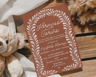 Hand Drawn Blue Hermoso Cariño Baby Shower Invitation: Papel Picado Template (Digital)
