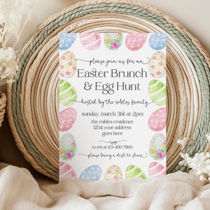 Uitnodiging paaseieren zoeken, feest eieren zoeken, paaseierenbrunch uitnodigen, bewerkbare pastel paasuitnodiging, aquarel eieren zoeken, canvas, EEH001