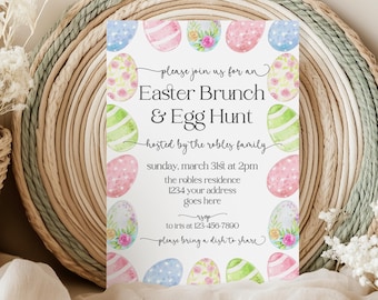 Invitación a la búsqueda de huevos de Pascua, Fiesta de búsqueda de huevos, Invitación a un brunch de huevos de Pascua, Invitación de Pascua editable en tonos pastel, Búsqueda de huevos en acuarela, Canva, EEH001