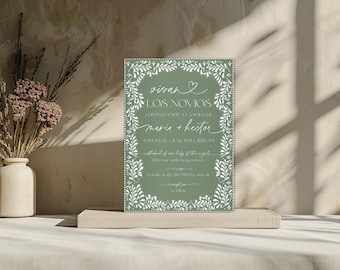 Invitación de boda inspirada en Talavera mexicana blanca y verde salvia, elegante boda en Talavera, invitación de boda editable, invitación preboda, Canva