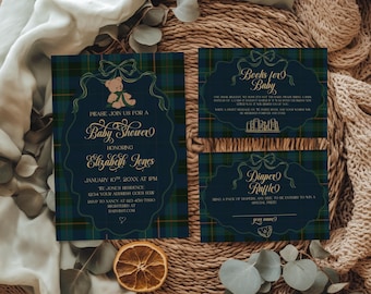 Plaid Bear Baby Shower 3 Item Mini Bundle: Tartan Invitation, Raffle Card, Books For Baby (Editable Template) RLTB001