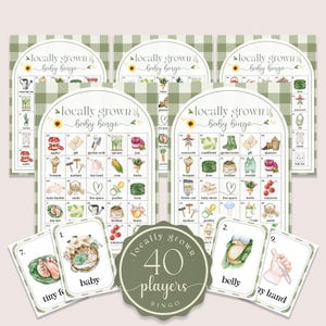 Juego de bingo para baby shower con productos locales, bingo neutro de mercado bohemio para baby shower, revelación de género, productos locales, 40 jugadores, Canva, LG001