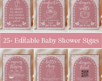 Pink Cielito Lindo Baby Shower Signs, 30 Editable Baby Shower Signs Templates, Table Signs, Hermoso Cariño, Papel Picado, PCL002