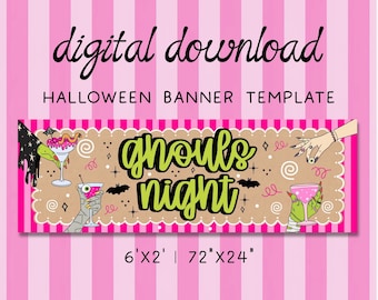 Pink Ghouls Night Halloween Doodle Banner, Halloween Party, Spooky Decor, Drinks, Printable Template (Digital Download), Editable on Canva