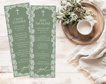 English & Spanish Sage Green Mexican White Talavera Inspired Baptism Prayer Card, Editable Template, Minimal Elegant Digital Cards