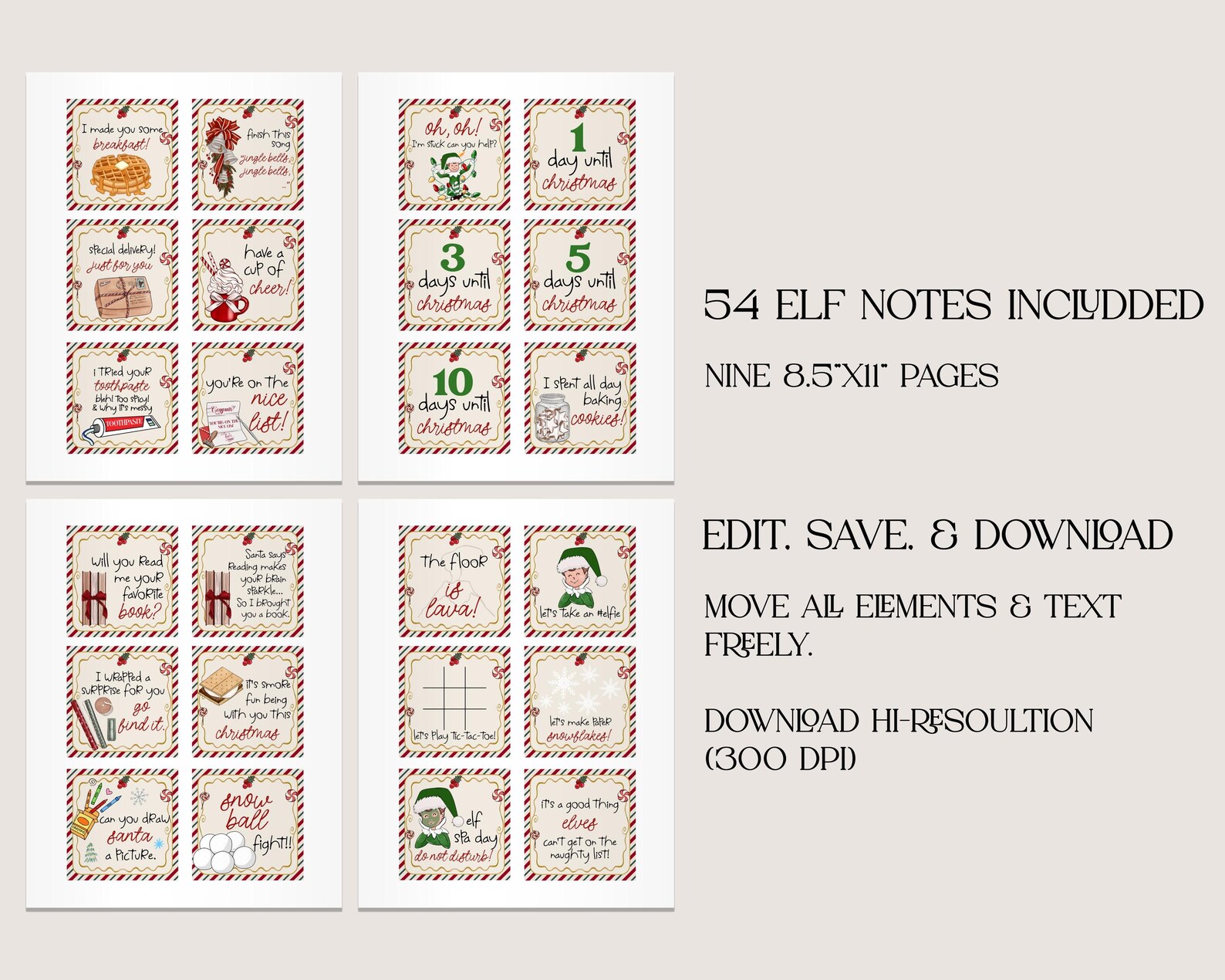 Editable Elf Note Cards, 3x3 Cards, Elves Santa Christmas Party Holiday ...