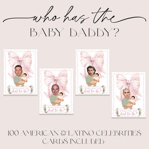 Puede incluir: Un conjunto de cuatro tarjetas de juego de baby shower imprimibles con un lazo rosa y la cara de una celebridad. El texto en las tarjetas dice "¿Quién es el papá?" El texto en la parte inferior de la imagen dice "100 tarjetas de celebridades estadounidenses y latinas incluidas".
