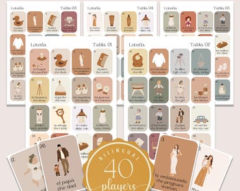 Boho Minimalist Baby Shower Loteria Game, Mexican Loteria, Neutral Baby Shower Loteria, Gender Reveal, Bilingual, 40 Players, Canva, BSL01